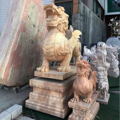佳博雕刻供應(yīng)精品石雕貔貅 鎮(zhèn)宅石雕擺件 晚霞紅大理石貔貅